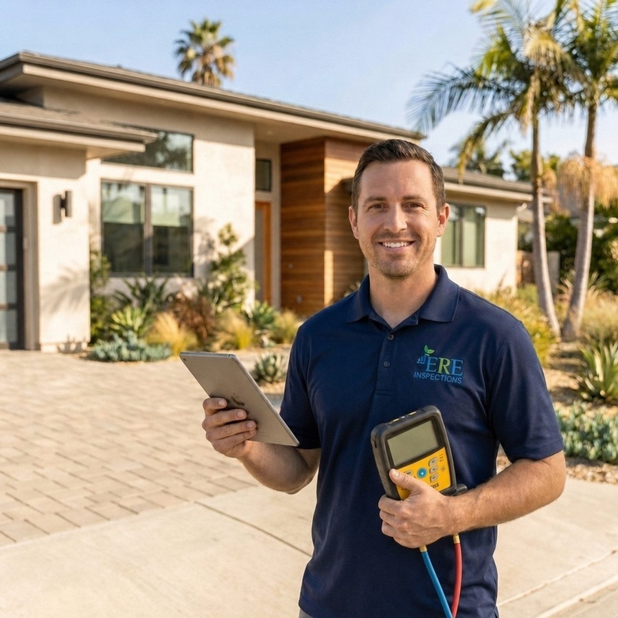 ERE Inspections energy technician holding a tablet and a Fieldpiece digital manifold gauge in front of a modern Southern California home